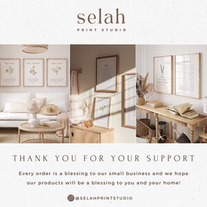 May include: A photo collage showcasing various printable wall art designs. The prints feature floral illustrations and bible verses. The prints are displayed in a modern home setting with a white couch, a wooden table, and a vase of dried flowers.