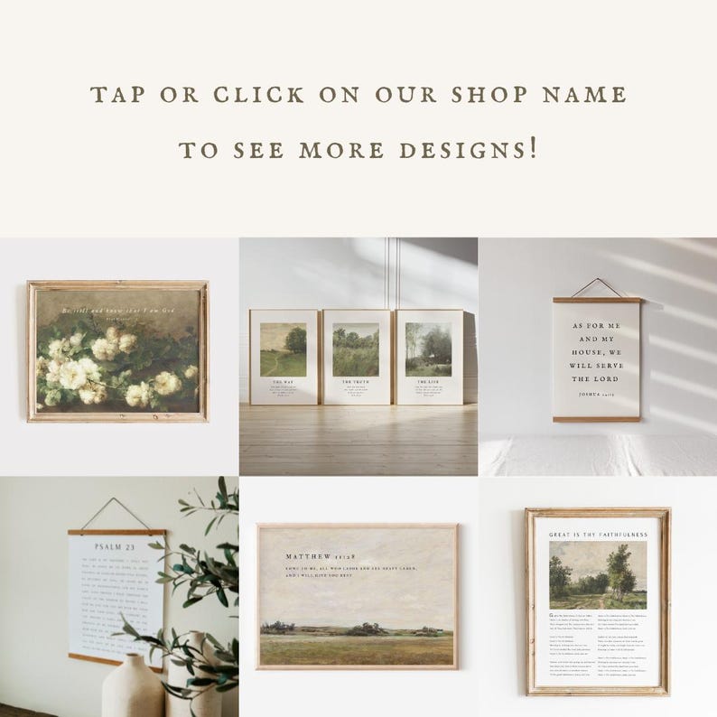 Puede incluir: Una colecci&oacute;n de impresiones art&iacute;sticas enmarcadas y colgantes. Las impresiones presentan dise&ntilde;os florales, paisaj&iacute;sticos y de escritura. El texto en la parte superior dice: "TAP OR CLICK ON OUR SHOP NAME TO SEE MORE DESIGNS!"