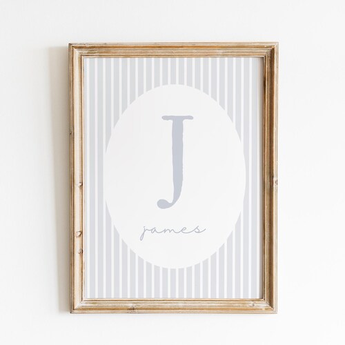 Nom monogramme rayé imprimé, art mural vintage personnalisé pour chambre d'enfant, lettre initiale personnalisée, décoration de chambre garçon fille bambin, cadeau bébé