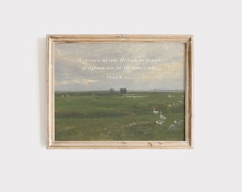 May include: Framed landscape art print featuring a pastoral scene with geese in a green field under a cloudy sky. The artwork includes the text "He restores my soul. He leads me in paths of righteousness for His name's sake. PSALM 23:3."