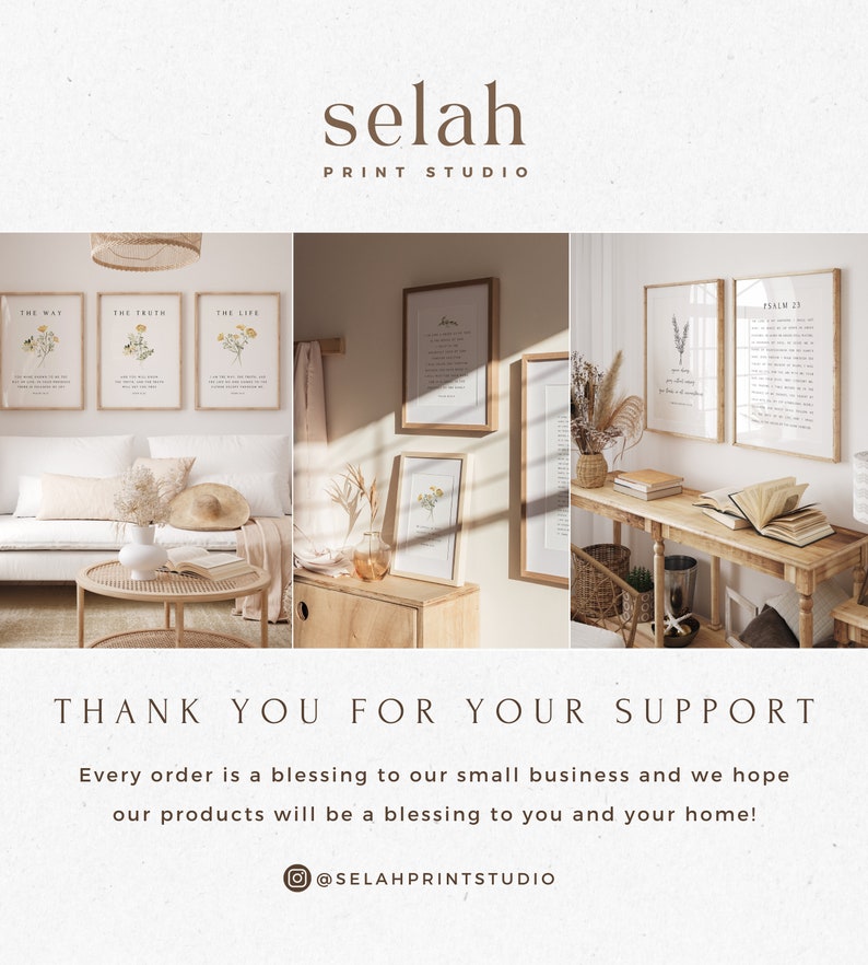 Puede incluir: Una colecci&oacute;n de impresiones art&iacute;sticas enmarcadas con ilustraciones bot&aacute;nicas y textos inspiradores. Las impresiones se exhiben en un ambiente interior acogedor y de tonos neutros. El texto "selah PRINT STUDIO" y "THANK YOU FOR YOUR SUPPORT" est&aacute;n presentes.