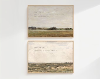 May include: Two framed landscape art prints with text from Matthew. The top print reads "Matthew 11:28" and "Come to me, all who labor and are heavy laden, and I will give you rest." The bottom print reads "Matthew 28:20" and "And surely I am with you always, to the very end of the age."