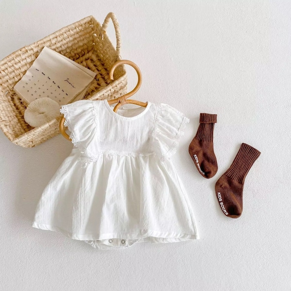 Robe blanche à fleurs, Robe d'anniversaire de fille, Barboteuse bébé fille, Robe d'été, Tutu, Vêtements neutres pour bébé, Robe de cérémonie