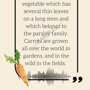 May include: A quote about carrots, with the text "A carrot is a long reddish-yellow vegetable which has several thin leaves on a long stem and which belongs to the parsley family. Carrots are grown all over the world in gardens, and in the wild in the fields."  The quote is surrounded by quotation marks and a cartoon carrot is in the bottom left corner of the image.