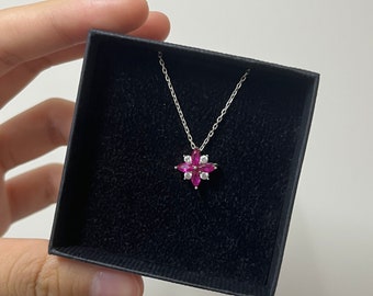 0.6ct Lab Grown Ruby Floral Pendant Rhodium Plated S925 Silver