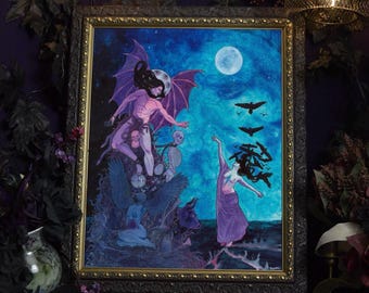 May include: A framed painting featuring a winged figure with long dark hair and a moon-like head, perched above a skeleton and a blue figure. To the right, a figure in a purple robe reaches toward a flock of black birds under a full moon.