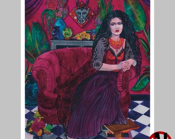 May include: A watercolor painting of a woman seated in a red armchair. She wears a red top, purple skirt, and a necklace. The background features a red wall with decorative items, including a devil mask and plants. A stack of books is at her feet.