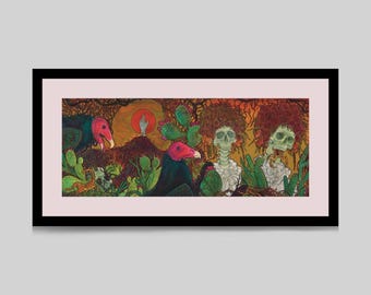 May include: A framed panoramic art print featuring two vultures with red heads, two skeletal figures with floral hair, and a scorpion in a desert landscape with cacti and a red sun. The scene is rendered in warm orange and green tones.