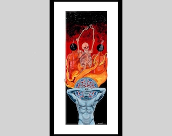 May include: A framed vertical art print featuring a central skeleton with raised arms flanked by two red figures against a dark starry background. Below, a blue muscular figure holds a circular mandala-like pattern filled with multiple eyes.