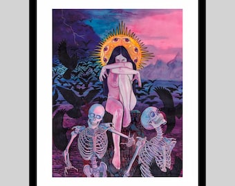 May include: A framed art print featuring a central figure with long dark hair and a golden multi-eyed halo, seated amidst two skeletons. The scene includes a swarm of black birds against a vibrant purple and pink sky with distant mountains.