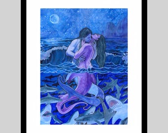 May include: A framed watercolor illustration depicting two figures embracing in a dark blue ocean under a full moon. The scene shows a split view with the upper half above water and the lower half submerged, surrounded by numerous gray sharks.