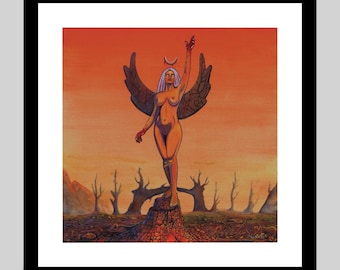 May include: A framed art print featuring a winged figure with long light hair and a crescent moon symbol on the forehead, standing on a textured stump. The background shows a barren landscape with leafless trees under a vibrant orange sky.