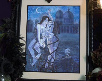 May include: A framed art print featuring a blue-toned illustration of two figures entwined in a dance, surrounded by swirling dark vines. In the background, a domed building stands under a crescent moon, while a skull rests in the foreground.