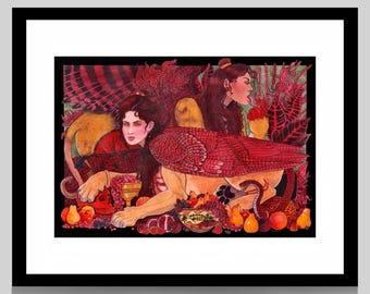 May include: A framed art print featuring two winged figures with human faces and feline bodies in a red and gold color palette. The figures are surrounded by lush foliage, snakes, and a collection of fruits including pears and grapes.