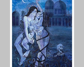 May include: A blue-toned illustration featuring two figures entwined amidst a mass of snakes. The background displays domed architecture under a crescent moon. A human skull rests near the bottom right corner, surrounded by dark, tangled serpent forms.