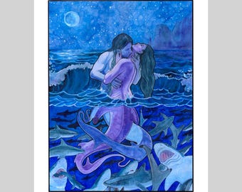 Fine Art Print Romantic Mermaid Sharks Fantasy Illustration Signed Unframed 8x10 Inches