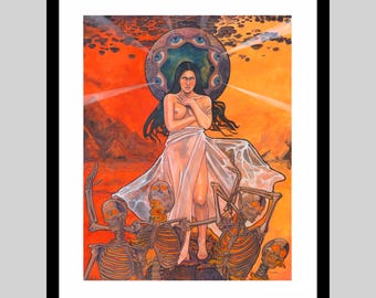 May include: A framed art print featuring a central figure with long dark hair draped in a translucent white cloth, positioned before a circular halo of eyes. Below, several skeletons with glowing orange ribcages stand against a vibrant orange background.