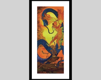 May include: A framed vertical art print featuring a vibrant orange and yellow background with a large blue serpent coiling around a figure holding a flame. Below, a skeletal figure stands on rocky ground, set within a simple black frame.