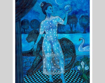 May include: A blue-toned illustration featuring a figure in a sheer star-patterned dress holding a sphere. A large leopard stands behind the figure on a checkered floor, with a swan on a lake and a crescent moon in the night sky. The text DIGATI is visible.