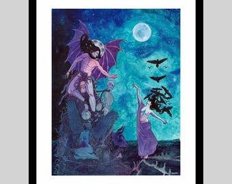 May include: A framed art print featuring a surreal scene with a winged figure, skulls, and a clock on the left, and a figure in a purple robe reaching toward a flock of black birds on the right, all set against a vibrant blue starry night sky.