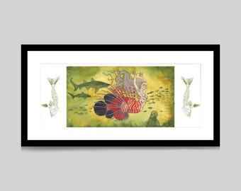 May include: A framed horizontal print featuring a central watercolor illustration of a mermaid with a red and white striped tail, surrounded by sharks and small fish against a yellow-green background, flanked by two white fish skeleton sketches.