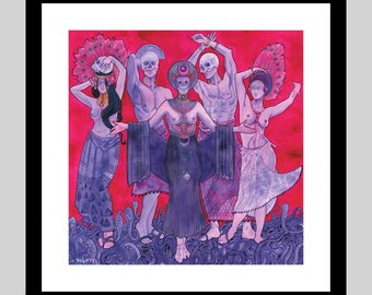 May include: A framed art print featuring five figures, including three with skull heads, standing amidst a sea of purple snakes against a vibrant red background. The central figure wears a dark robe and ornate headpiece, surrounded by dancing figures.