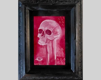 Original Watercolor Painting Skull and Eyes Pink Drip Paint Fine Art Signed and Framed 5x7” Ready to Hang
