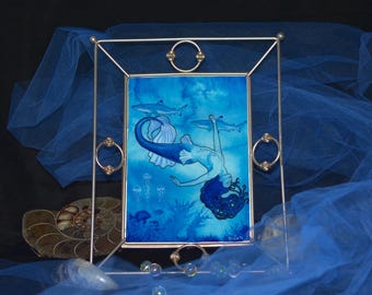 Original Watercolor Painting Mermaid Sharks Blue Fine Art Signed and Framed 5x7 inches Ready to Hang