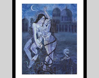 May include: A framed blue-toned illustration featuring two figures entwined amidst dark, winding vines. One figure holds a small flame, while a skull rests nearby. In the background, a domed building stands under a crescent moon in a starry sky.