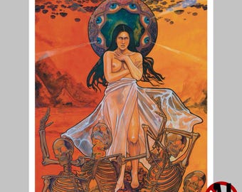 May include: A surreal art print featuring a central figure with long dark hair draped in a translucent white cloth, positioned before a circular halo of eyes. Below, three skeletal figures with glowing orange eye sockets stand in a desert landscape.
