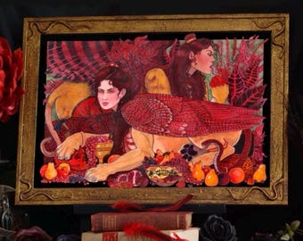 May include: A rectangular painting in a gold frame depicting two winged figures with human faces and feline bodies. The scene features red and yellow tones, including grapes, pears, a skull, and a snake, all set against a dark background.