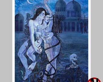 Laat de duivel in kunst occulte fantasie hemelse magische duivel illustratie origineel kunstwerk afdrukken