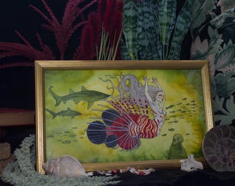 Original Watercolor Painting Sea Witch Mermaid Lion Fish Sharks Red Green Fine Art Signed and Framed 8x14” Ready to Hang