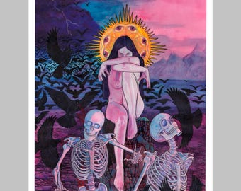 May include: A surreal art print featuring a central figure with long dark hair sitting in a fetal position, framed by a golden sun-like halo with multiple eyes. Two skeletons stand below, surrounded by a flock of black birds against a purple sky.