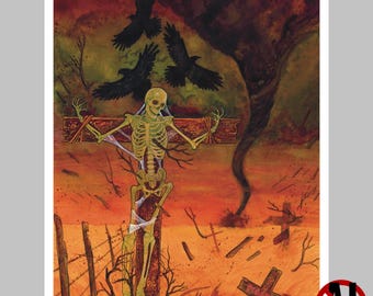 May include: An artistic print depicting a skeletal figure crucified on a wooden cross, with three crows flying above. A tornado and scattered debris fill the orange and brown background, creating a dramatic and apocalyptic scene.
