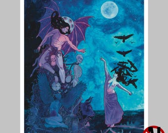 May include: A fantasy art print featuring a celestial scene with a winged figure, a woman in a flowing gown, and a full moon. The artwork is rendered in shades of blue, purple, and white, with intricate details and a surreal atmosphere.