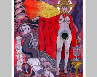 May include: A surrealist art print featuring a central figure in a red cloak with a golden headpiece, surrounded by a large orange lion head, a snake, skulls, a scorpion, a ribcage in a golden chalice, and multiple eyes in a dark purple background.