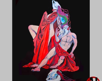May include: An artistic illustration on a black background. Two figures are depicted, draped in red fabric, with skull-like masks. One figure is seated, the other is reclining. The artwork features vibrant colors and intricate details.