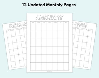 Könnte beinhalten: Ein Set aus druckbaren, leeren Kalenderseiten mit dem Text Printable Blank Calendar 12 Undated Monthly Pages, Fillable PDF, Sunday Start, US Letter. Jede Seite zeigt einen Monatsnamen, ein Raster für die Tage und Kopfzeilen für die Wochentage.