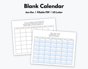 Leere Kalendervorlage, minimalistischer Monatskalender, bearbeitbarer Landschaftskalender, ausfüllbarer 12-monatiger Kalender, Sonntagsbeginn, US Letter