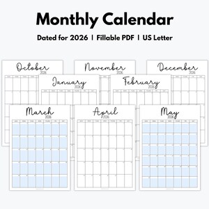 Minimalist Monthly Calendar 2026, Editable 12 Month Calendar, Fillable Portrait Calendar, Sunday Start, US Letter