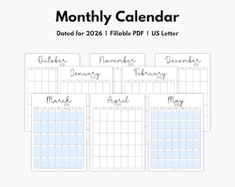Minimalist Monthly Calendar 2026, Editable 12 Month Calendar, Fillable Portrait Calendar, Sunday Start, US Letter