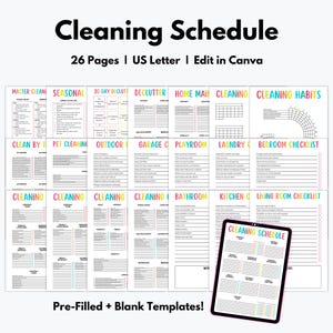 May include: A digital cleaning schedule template with 26 pages, US Letter size, and editable in Canva. The template includes pre-filled and blank templates for various cleaning tasks, with colorful headings and a tablet displaying the schedule.