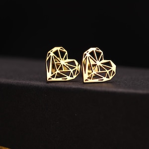 Geometric Heart Stud Earrings in 925 Silver, 18K Gold & Rose Gold – Dainty Minimalist Jewelry Gift for Her, Bridesmaids, or Everyday Wear