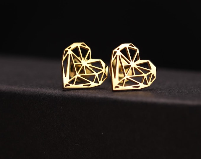 Geometric Heart Stud Earrings: 925 Sterling Silver, Gold & Rose Gold