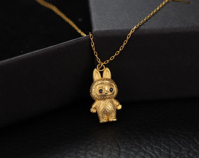 Custom Bunny Monster Pendant – 925 Silver Handmade Necklace with Zircon Eyes, Gold, Silver, or Rose Gold Finish, Made to Order Labubu Doll
