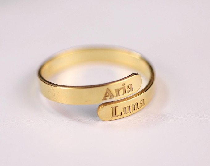 Custom Wrap Ring – Personalized Name or Symbol Band in 18K Gold or Silver, Double Engraved Adjustable Ring, Gift for Her