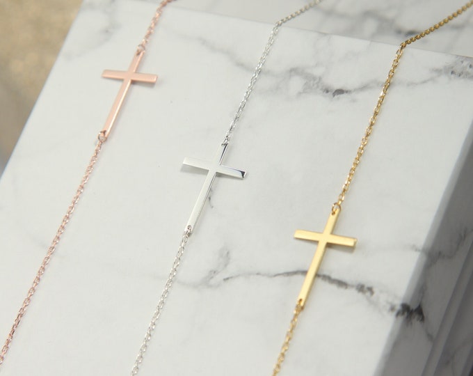 Cross Necklace Perfect Gold Cross Sideway Pendant Best Mother Gift for Her Bridesmaid Gift Idea Christian gifts Dainty Cross Stylish Cross