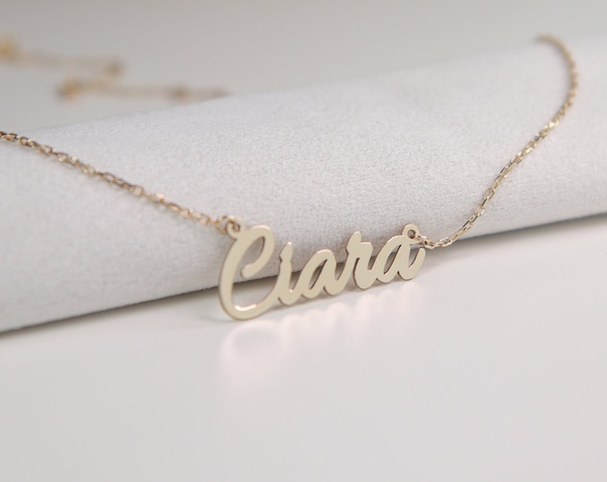 Name Necklace 14K Gold Allura font Name Plate Pendant Stylish Name Best Necklace gift idea Mother's day gift for mom Dainty Solid gold gift