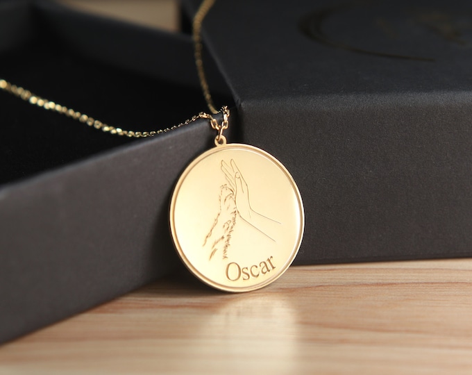 High-Five Dog Paw Round Pendant Necklace - Silver & Gold Pet Love Pet Paw Name Necklace Best Friend Name Charm Custom Dog Name Personalized